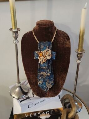 Blue & Brown Paisley Statement Necklace with Broach
